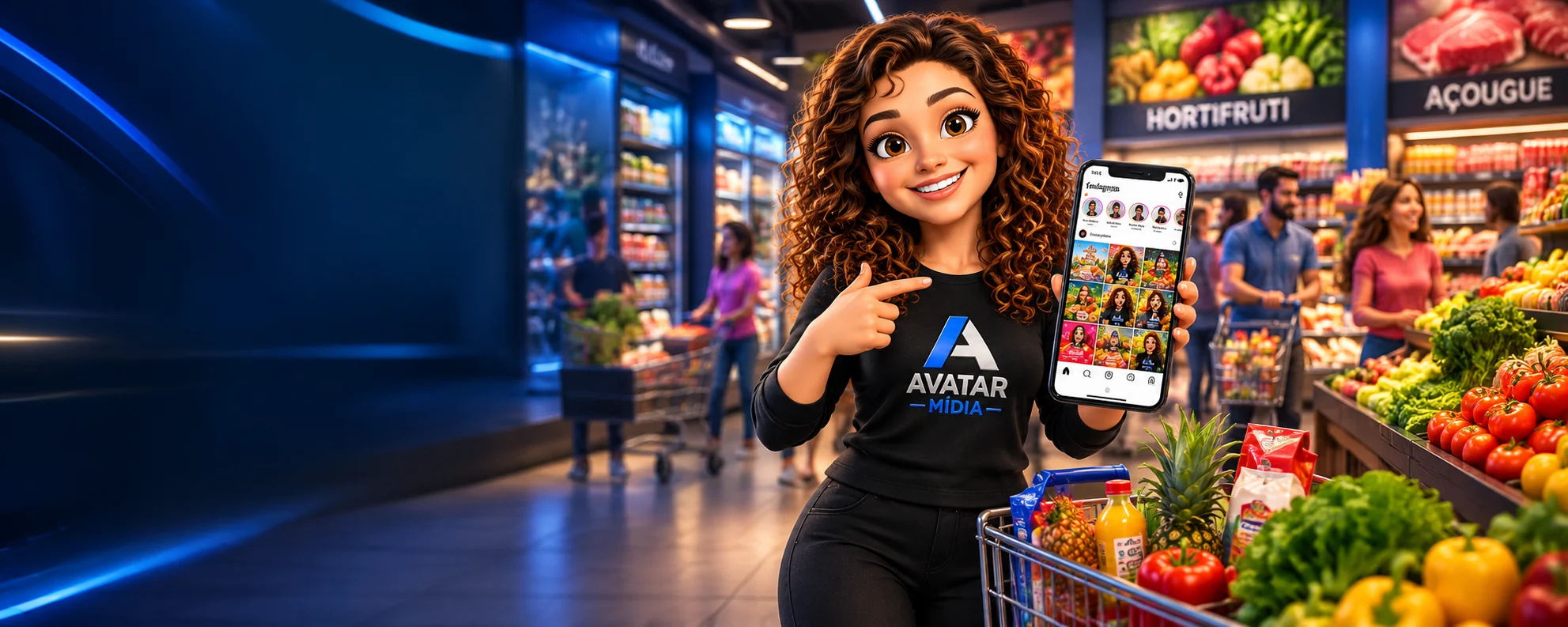 Janininha Avatar Mídia em cenário de supermercado 3D